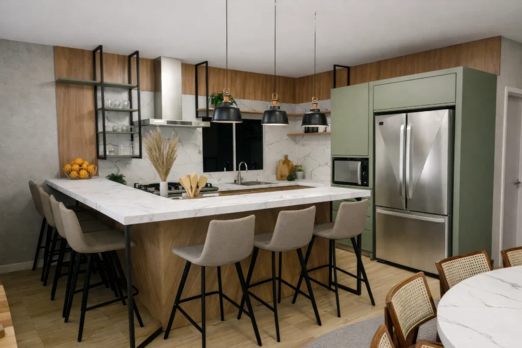 Cozinha integrada com ilha moderna em tons de verde e madeira, projetada pela Velaris Arquitetura para residência em Santa Catarina.