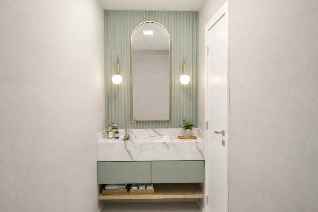 Banheiro moderno com painel ripado verde, espelho arqueado e mármore, projeto de Arquiteto em Palhoça.