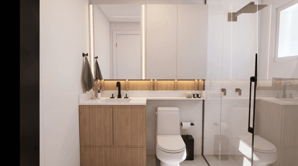 Procurando Arquiteto em Palhoça? Veja este banheiro moderno com nicho iluminado e metais pretos da Velaris Arquitetura. Confira!