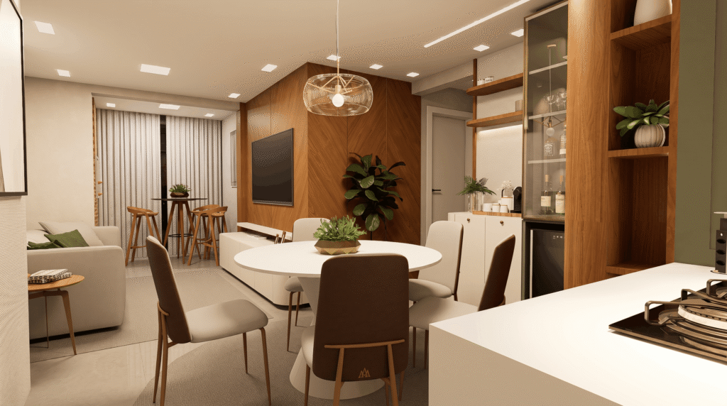 Sala de TV e jantar integrada com painel de madeira e cristaleira de vidro, projeto assinado por Arquiteto em Palhoça.