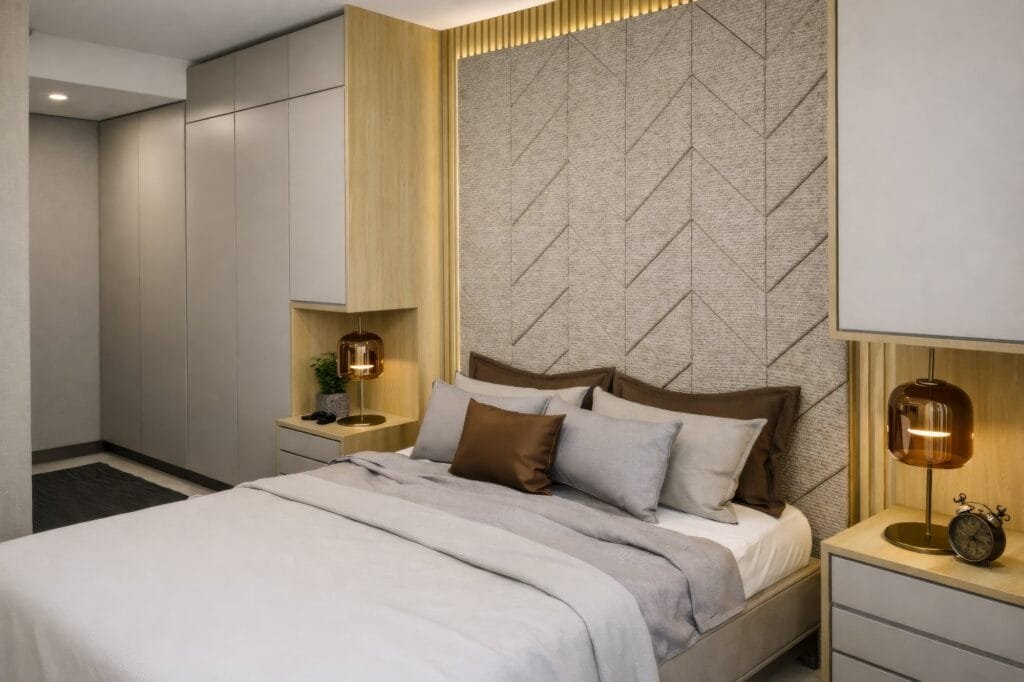 Quarto moderno com painel trabalhado criado por Arquiteto em Florianópolis da Velaris Arquitetura.