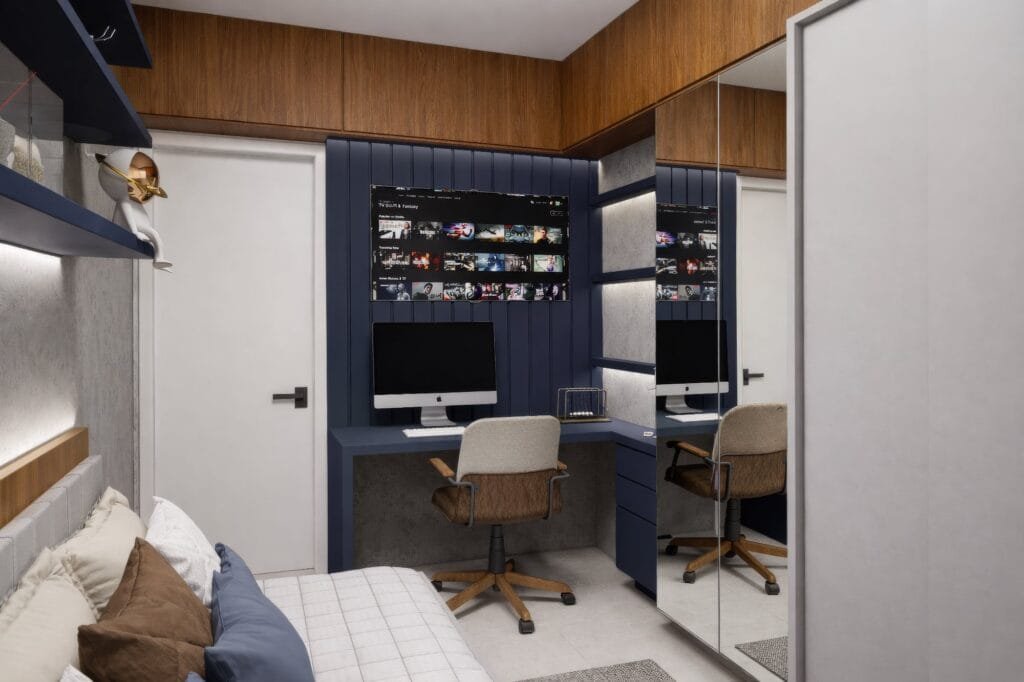 Dormitório multifuncional com bancada de estudos azul escuro projetado por escritório de arquitetura em São José.