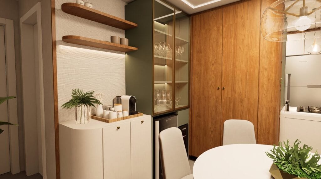 Interior sofisticado com cristaleira e espaço café planejado pela Velaris, seu Escritório de Arquitetura em São José.