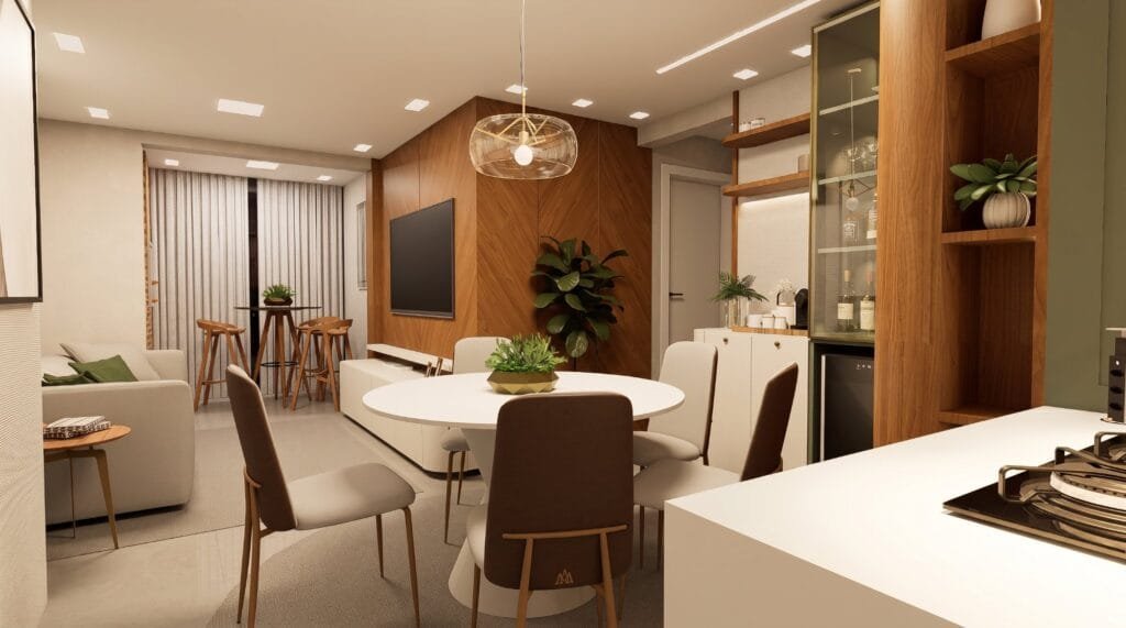 Sala integrada moderna com painel de madeira e mesa de jantar, projetada por Arquiteto em Garopaba.