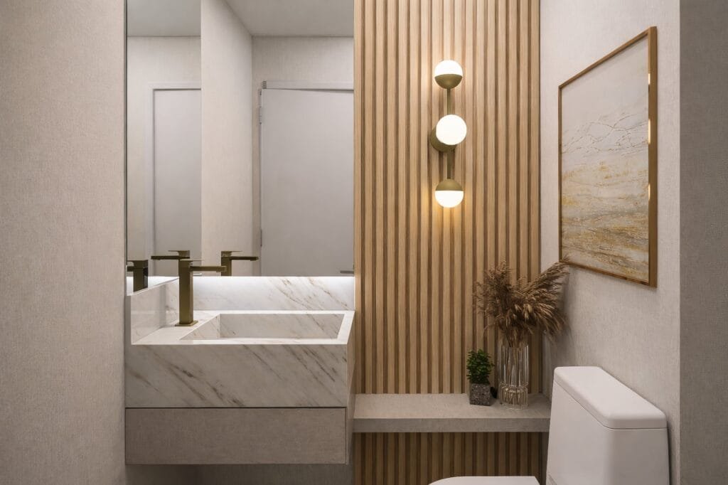 Lavabo sofisticado com mármore e painel ripado por escritório de arquitetura em Florianópolis.