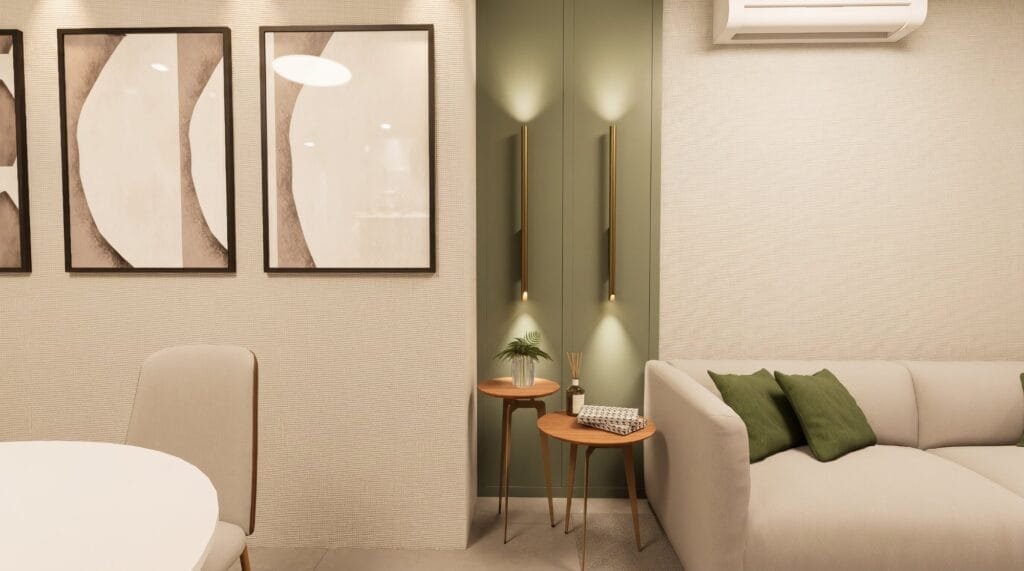 Sala elegante com painel verde e iluminação indireta desenvolvida por Escritório de Arquitetura em Palhoça Velaris.