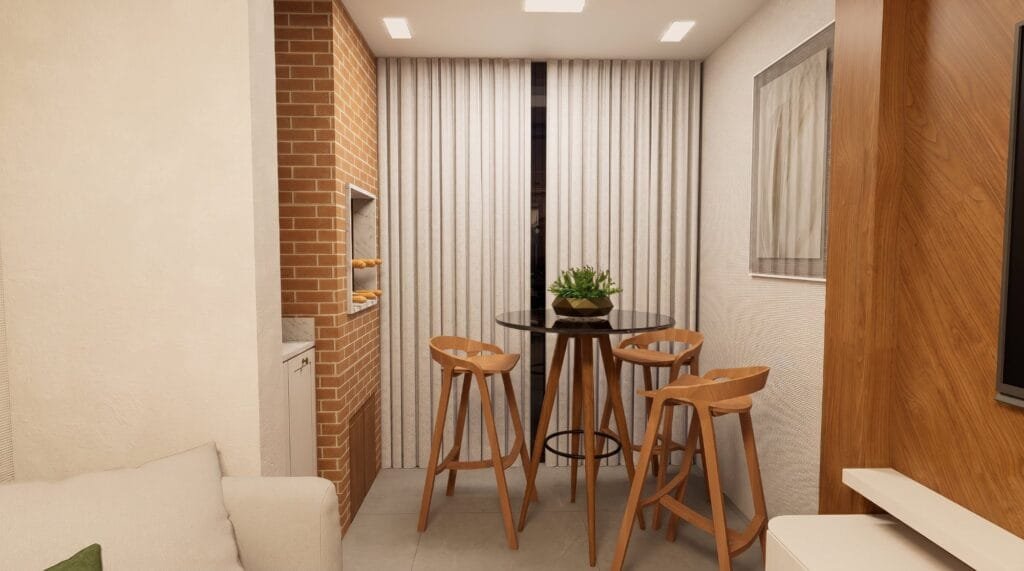 Espaço gourmet compacto planejado por arquiteto em Florianópolis com churrasqueira em tijolos e banquetas de madeira.