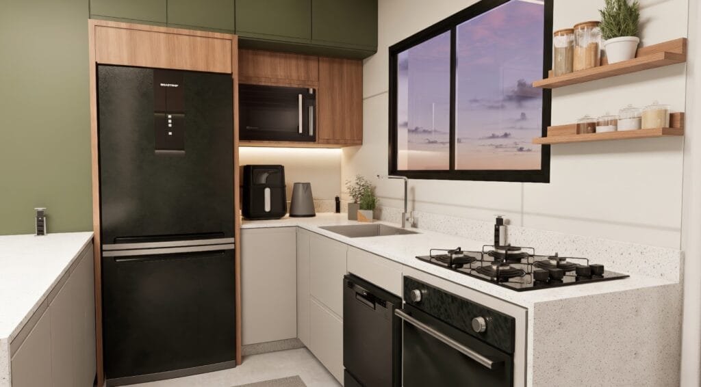 Cozinha planejada com marcenaria verde e madeira projetada por arquiteto Florianópolis para otimização de espaço.