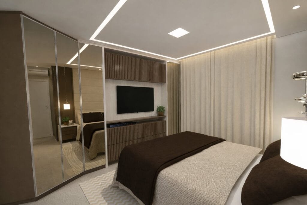Suíte master sofisticada com marcenaria ripada e iluminação linear projetada por arquiteto em Pedra Branca.