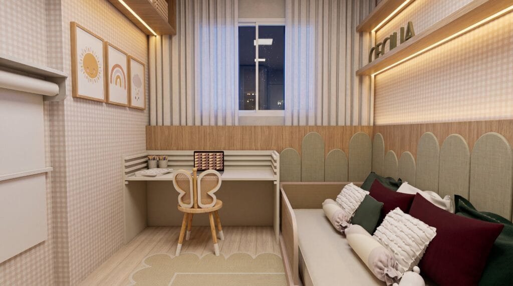 Quarto infantil planejado com marcenaria sob medida e iluminação suave por escritório de arquitetura Florianópolis.