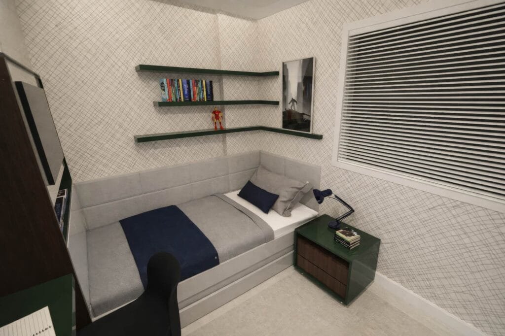Quarto planejado com estantes de canto e painel estofado por escritório de arquitetura Florianópolis.