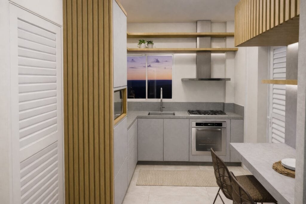 Cozinha contemporânea com marcenaria ripada projetada por escritório de arquitetura em Pedra Branca.