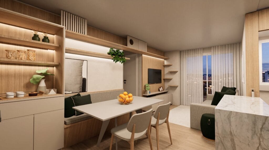 Sala de jantar integrada com canto alemão e marcenaria sob medida projetada por escritório de arquitetura Palhoça.